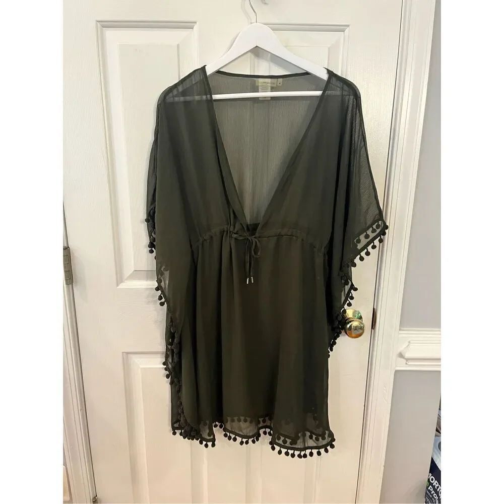 Bleu Rod Beattie Olive Sheer Pom Pom Trimmed Beach Swimsuit Cover Up sz M NWOT
